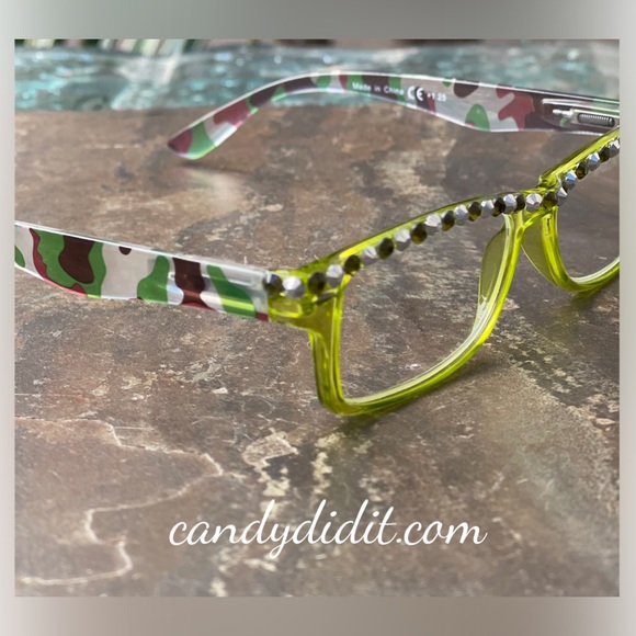 Translucent Chartreuse Camo W/Chartreuse Crystals Bling Reader Glasses With Case - Picture 7 of 11